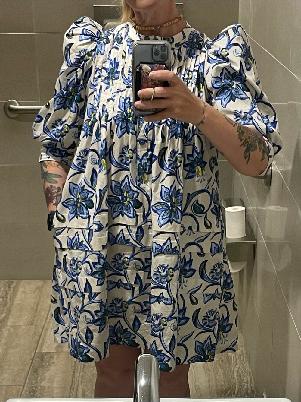 HUNTER BELL Blue and White Floral Puff-Sleeve Mini Dress